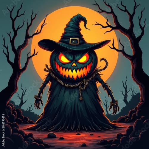 Scary pumpkin monster with witch hat standing in a dark forest at night under a big orange full moon for a spooky halloween celebration theme