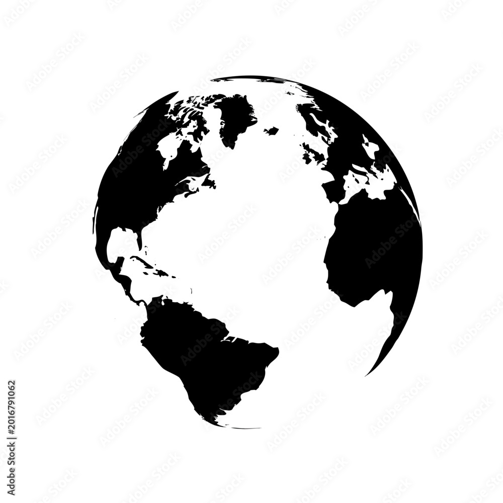 Obraz premium Black and white globe illustration, world map silhouette, earth icon, vector graphic