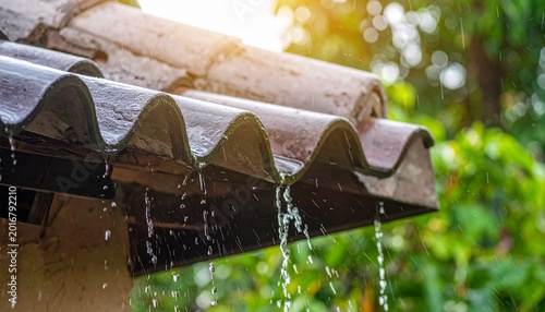 Close-up of rainwater dripping from a roof edge during a tropical rainstorm, capturing refreshing weather details and natural outdoor atmosphere.