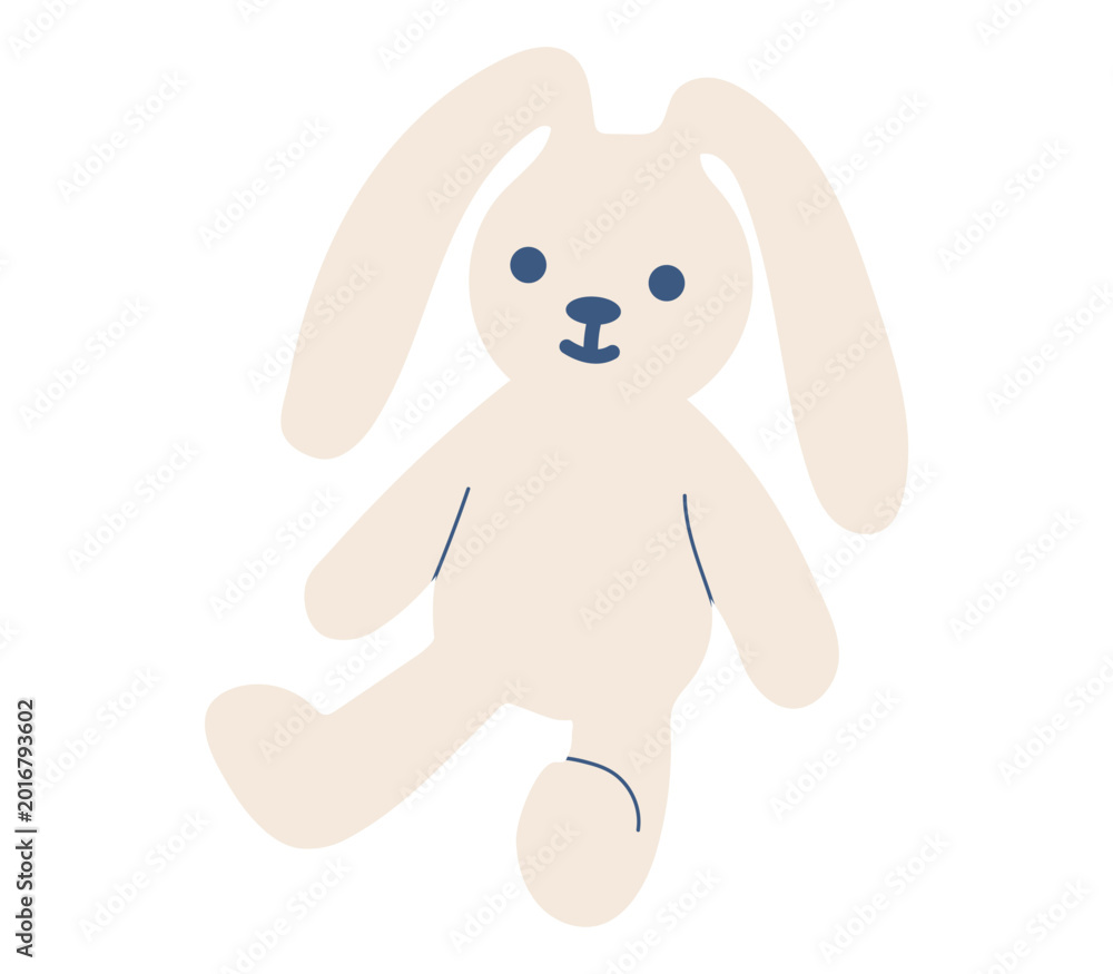 Obraz premium Cute bunny kids toy isolated on white background. Simple plush cute little baby rabbit. Vector flat illustration