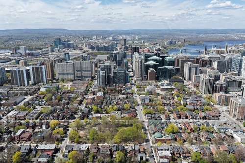 Aerial panorama of downtown Ottawa skyline with residential district, bridges and Ottawa River, Canada. g.