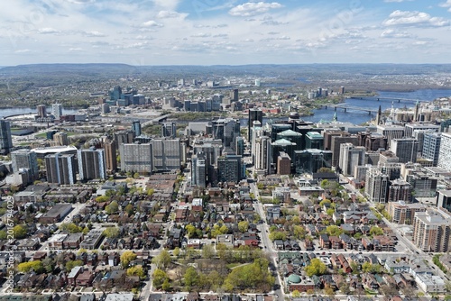 Aerial panorama of downtown Ottawa skyline with residential district, bridges and Ottawa River, Canada. g.