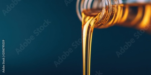 Golden Motor Oil Pouring From Plastic Bottle on Deep Dark Blue Background Representing Rising Oil Prices Industrial Energy and Premium Liquid Fuel Concept