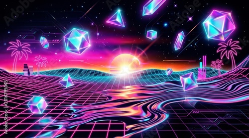 Neon Retro Futuristic Digital Landscape Scene.