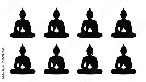 Konstfotografi Serene collection of eight identical dark silhouettes of meditating buddha figur