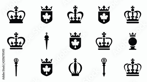 Quadro em tela Graphic design featuring twelve black crown and shield icons on a white backgrou