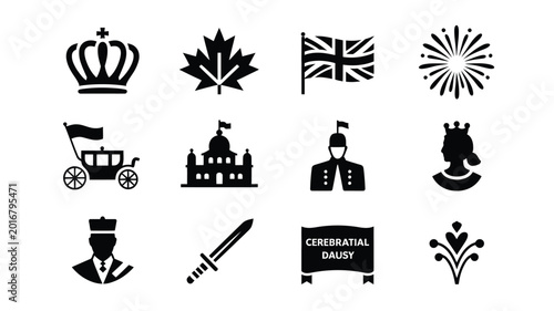 Schilderij op canvas Clean vector icon sheet displaying monarchy symbols national emblems and ceremon