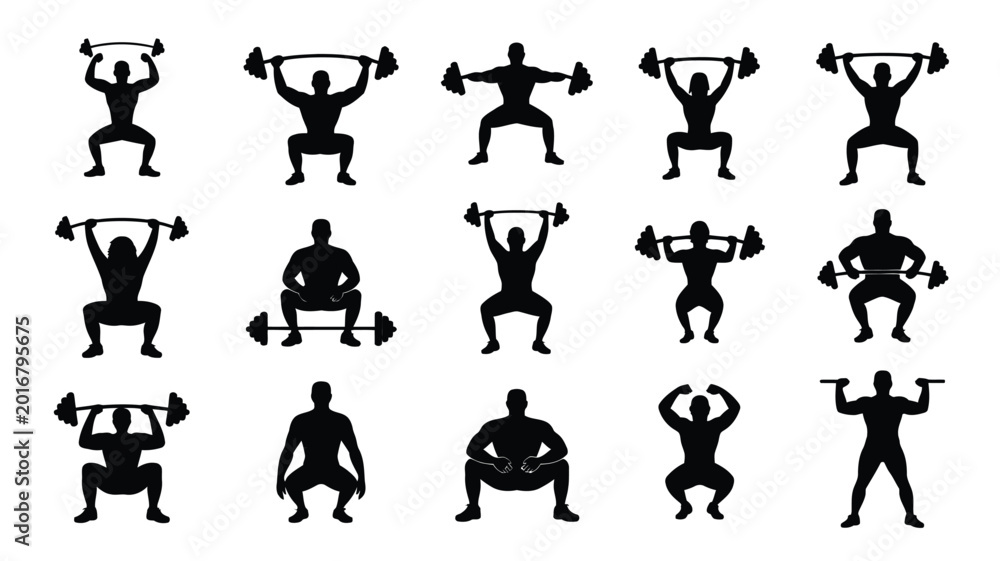 Obraz premium Silhouette icons of men performing various weightlifting exercises including squats presses and lunges in a minimalist black design