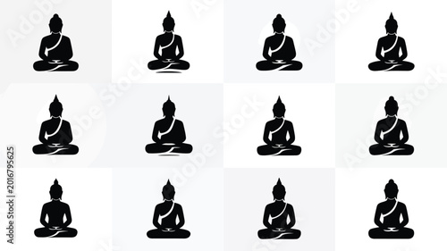 Billede på lærred Twelve black silhouettes of buddha statues in meditative pose arranged in a clea