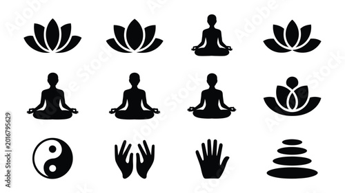 Fotografi Minimalist black icons depicting meditative poses lotus flowers yin yang symbol