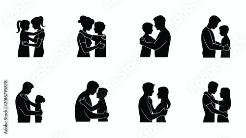 Canvas Print Silhouettes of families embracing sitting and bonding in minimalist style convey
