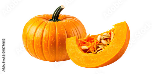 set of fresh whole pumpkin yellow and slice in half cut with visible seeds and fresh texture, on white. Perfect for cooking recipes, food education,  design,agriculture , and culinary advertisement