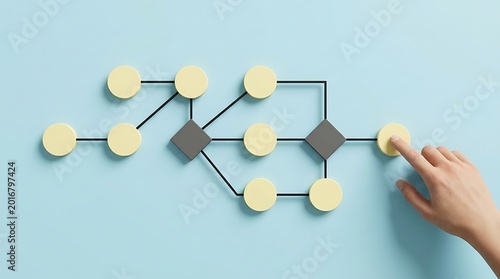A hand places a node on a complex network diagram with connections and nodes on a blue background.