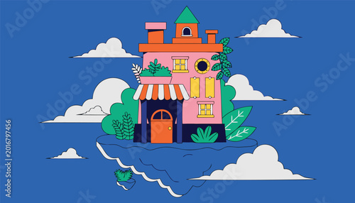 Bilde på lerret Fantasy Castle by the Lake – Flat Vector Illustration.