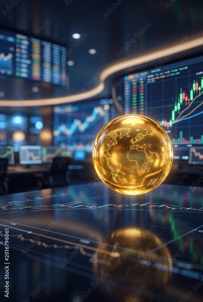 Fototapeta premium Golden oil drop with world map over financial market growth chart