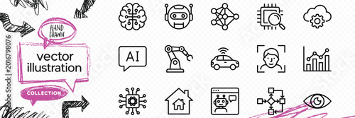 Line art outline vector icon set of artificial intelligence robotics brain and cyber machine automation