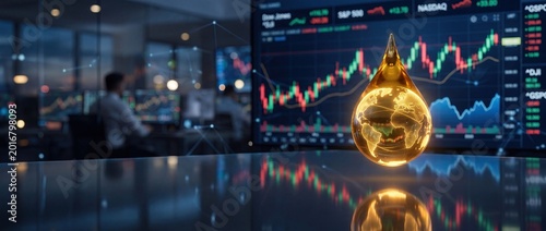 Golden oil drop with world map over financial market growth chart