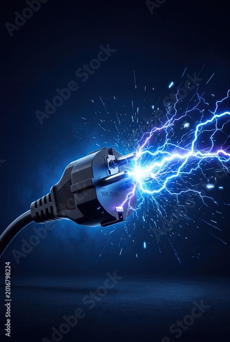 Electric power surge from plug with blue lightning energy concept