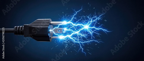 Electric power surge from plug with blue lightning energy concept