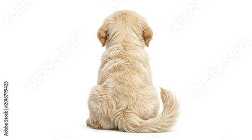 Fluffy golden retriever puppy sitting, rear view