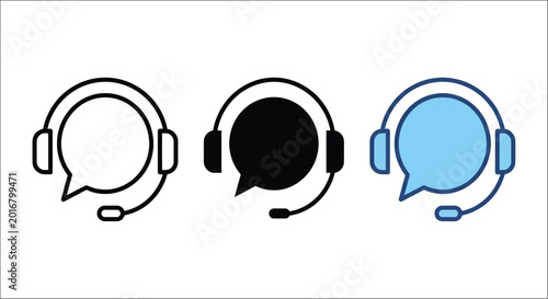 Schilderij op canvas headset with microphone icon set line art solid and color variations
