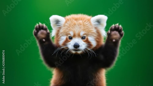 Cute Red Panda Cub Reaches Forward In Green Background Video.