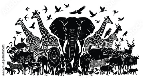 Photography African wildlife silhouette illustration with elephants giraffes and lions