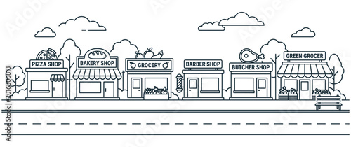 Slika na platnu Street scene outline various shops pizza bakery grocery barber butcher grocer