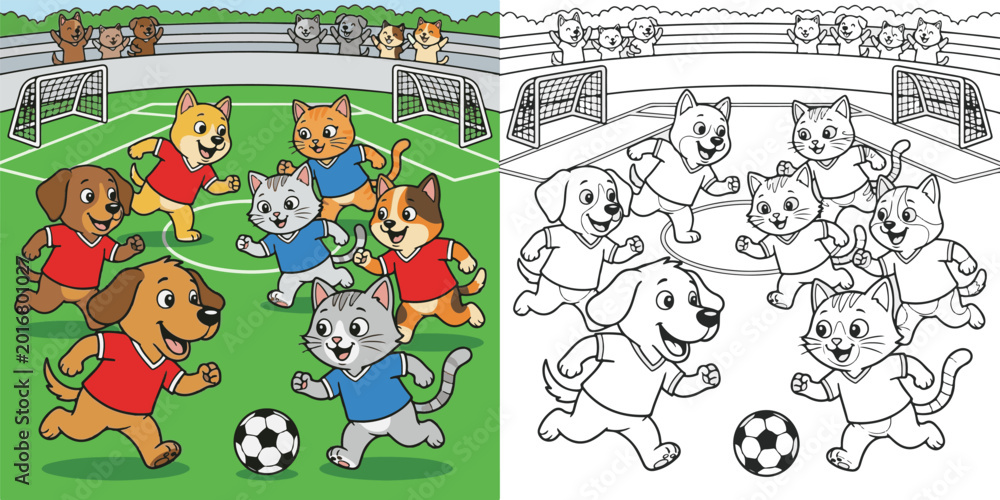Fototapeta premium pet animals playing chasing football soccer cartoon vector illustration lineart and clipart for children coloring book