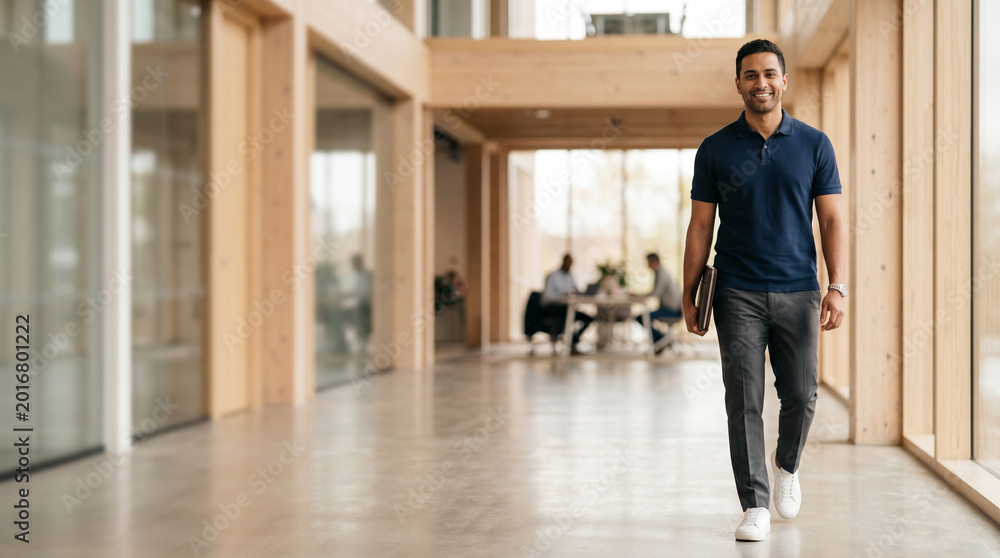 Obraz premium Young smiling professional walking in modern sustainable timber office
