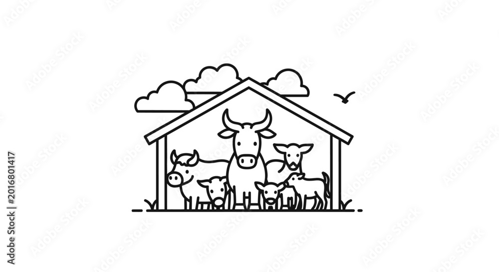 Fototapeta premium Cows standing in a barn shelter.