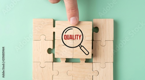 A hand places a wooden puzzle piece with a magnifying glass and quality text on a jigsaw puzzle pieces on a mint green surface.