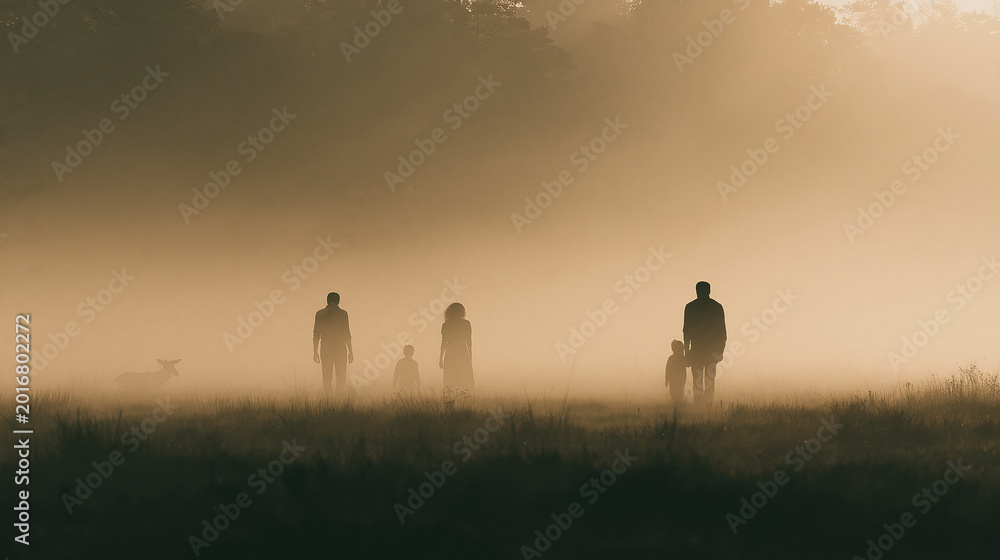 Fototapeta premium Mysterious Silhouettes in the Mist: Silhouetted figures traverse a misty landscape, the soft light of dawn painting the scene with an air of mystery and anticipation.