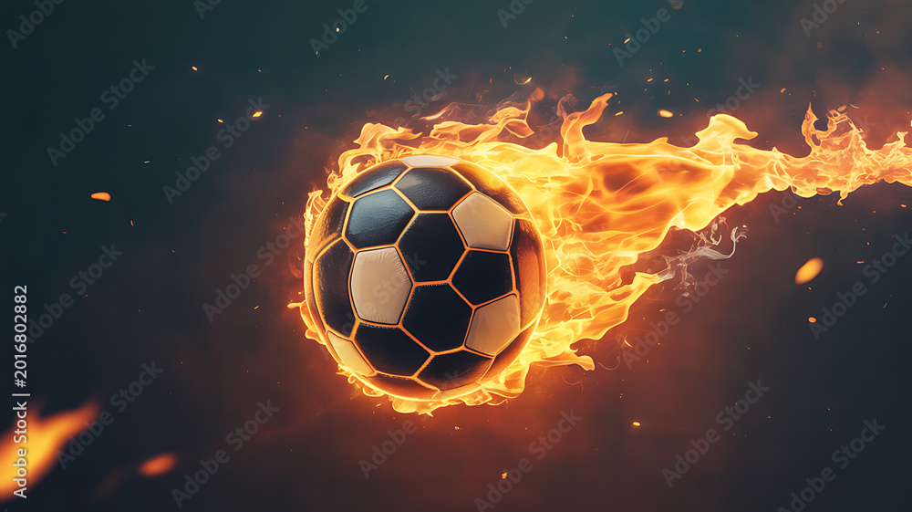 Fototapeta premium Football with fiery flames and sparks, burning soccer ball, concept of intense speed and passion in game, dynamic sports imagery.