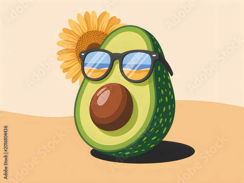 Cartoon avocado wearing sunglasses and a sunflower behind its head representing summer fun