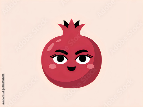 Cute cartoon smiling anthropomorphic pomegranate fruit with rosy cheeks and expressive eyes isolated on a light background