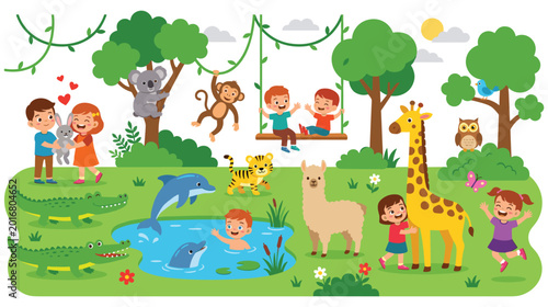 Photography Kids playing with zoo animals in nature landscape during sunny weekend