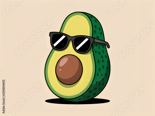 Cartoon avocado wearing stylish black sunglasses with a large brown pit and green skin