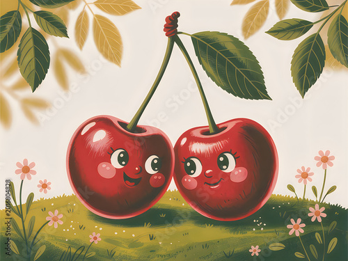 Two cheerful cartoon cherries with smiling faces sitting on a grassy hill surrounded by flowers