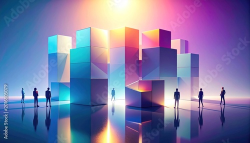 Cubist city with figures, vibrant colors, reflecting surface, sunburst