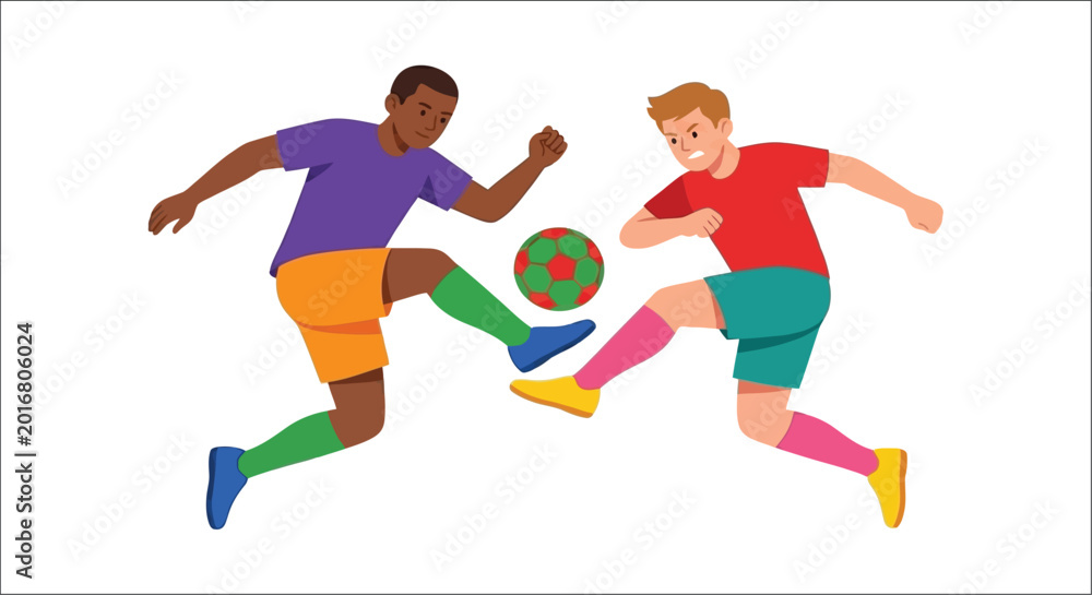 Fototapeta premium Two soccer players kicking a ball colorful vector illustration on white background