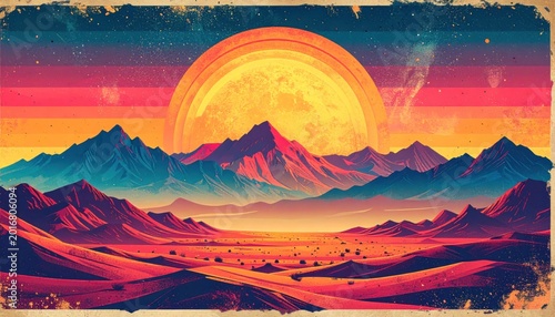 A vibrant sunset over a mountainous desert landscape with bold colors