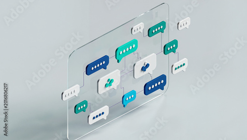 3D render of transparent glass panel with floating chat speech bubble icons, online communication messaging and social network customer service concept illustration