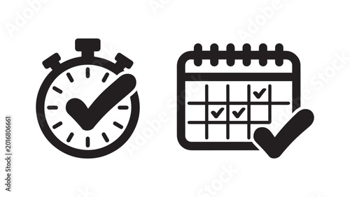 Stopwatch with check mark and calendar icons for appointment scheduling and time management