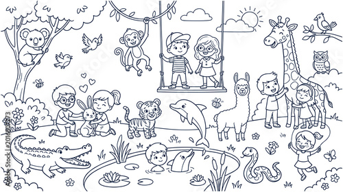 Photography Children playing with animals in a large and happy outdoor zoo.