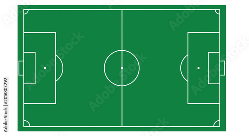 Schilderij op canvas soccer field top view green pitch with white markings