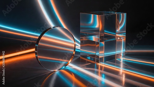 Dynamic light streaks reflecting in glass circles modern studio gigapixel art abstract environment