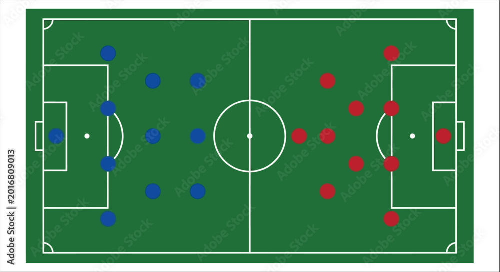 Obraz premium Soccer field top view with players green pitch and white lines