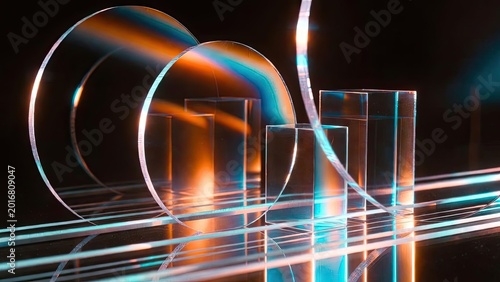 Light streaks reflecting in film glass circles abstract art studio environment gigapixel scale