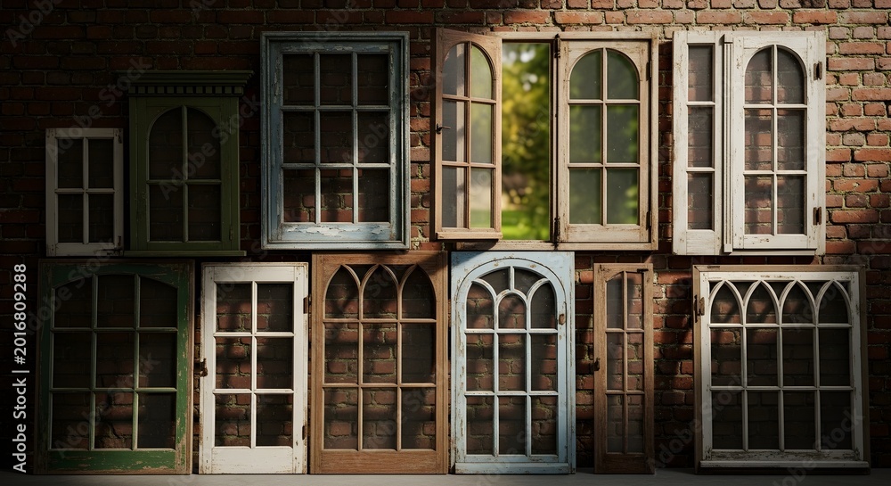 Obraz premium A charming collection of antique windows, each with unique designs and aged frames, set against a rustic brick wall, exuding vintage character and timeless appeal